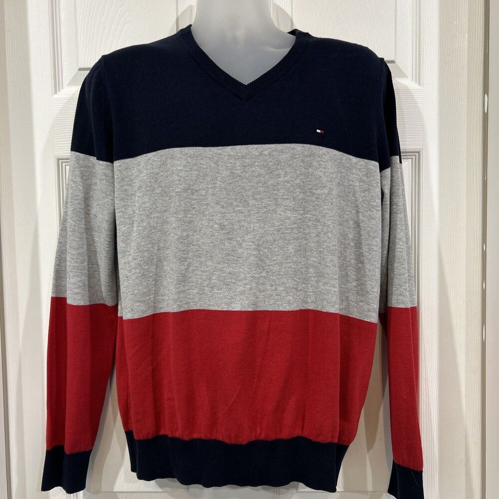 Tommy Hilfiger Men's L Blue Gray Red Wide Striped V-Neck Cotton Sweater
